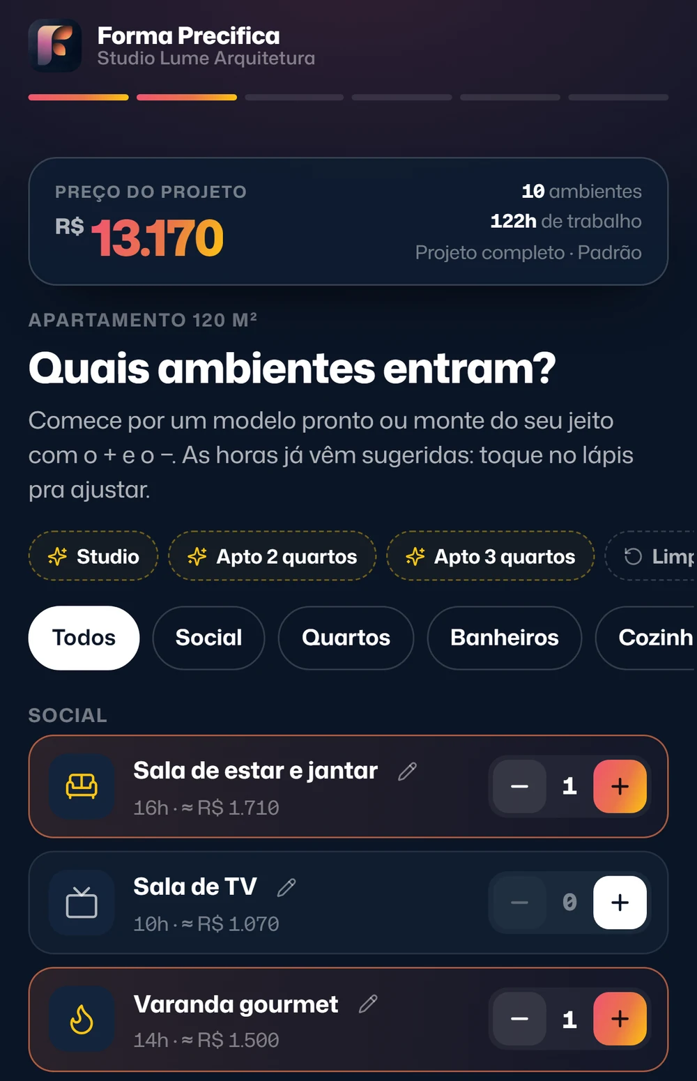 Tela de ambientes com o modelo Apto 3 quartos aplicado e o preço do projeto, R$ 13.170, no topo