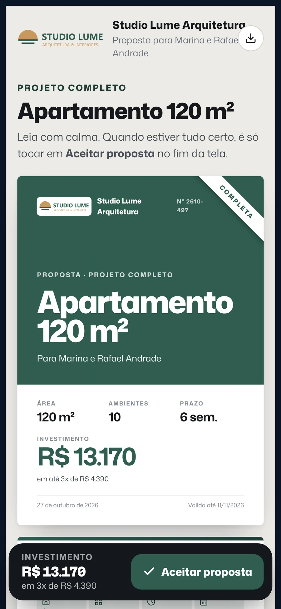 Proposta aberta pelo link no celular do cliente, com o botão Aceitar proposta