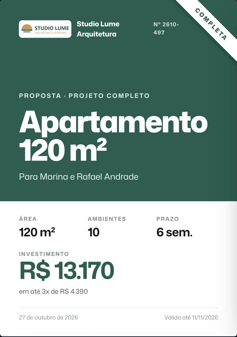 Capa da proposta em PDF com a logo e a cor do escritório
